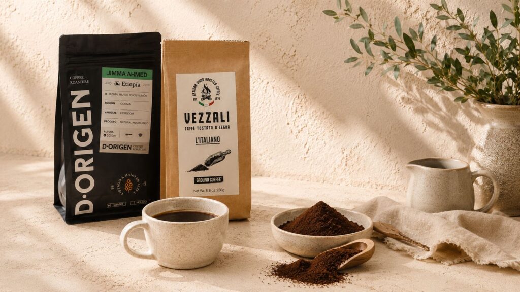 Cabecera de categoría café molido con paquetes de café, taza servida, café molido y cuchara sobre fondo beige