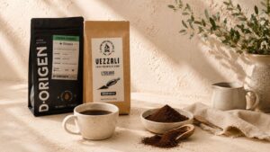Cabecera de categoría café molido con paquetes de café, taza servida, café molido y cuchara sobre fondo beige