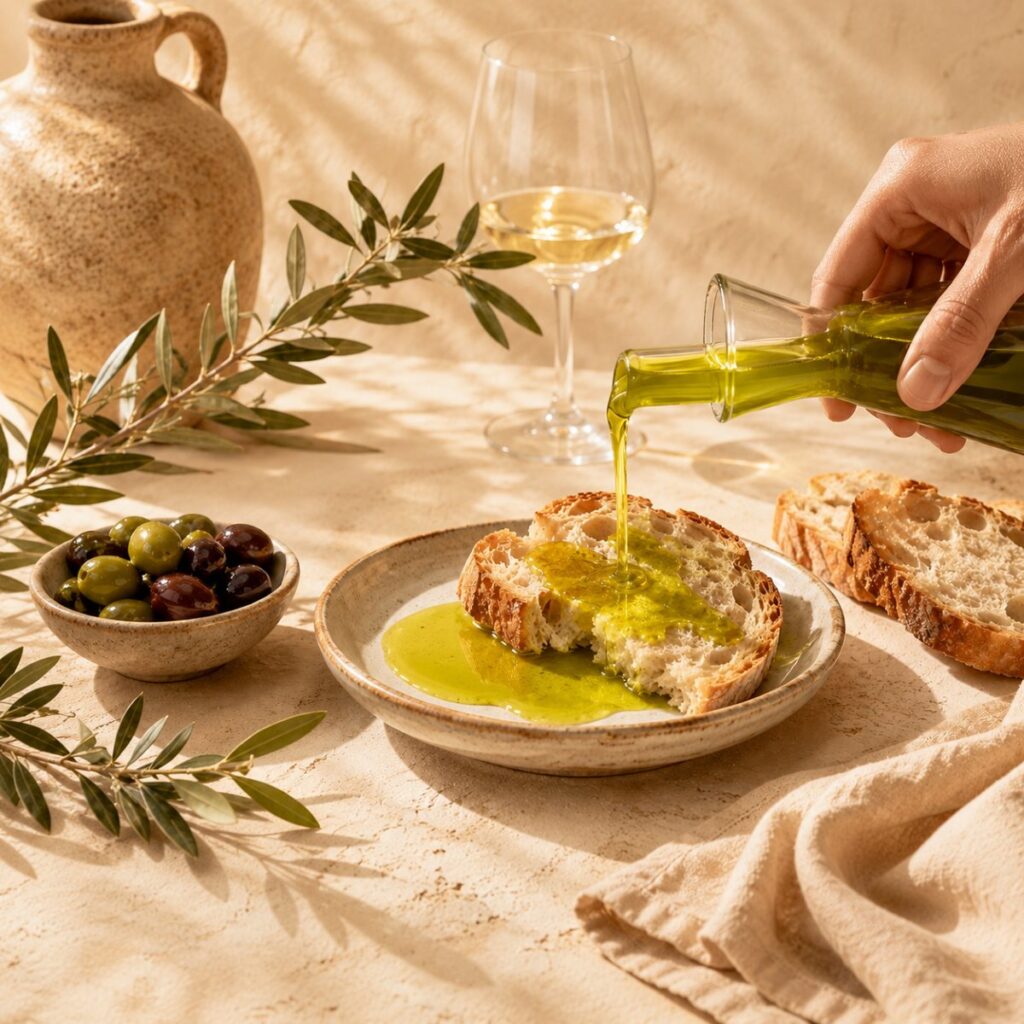 Aceite de oliva virgen extra servido sobre pan rústico con aceitunas y rama de olivo