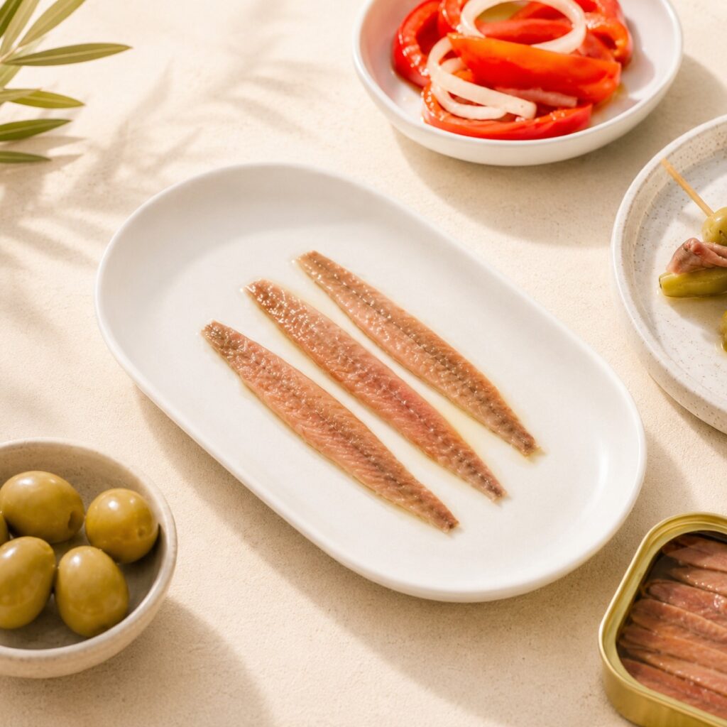 filetes de anchoa del cantábrico gourmet sobre plato blanco en mesa de aperitivo