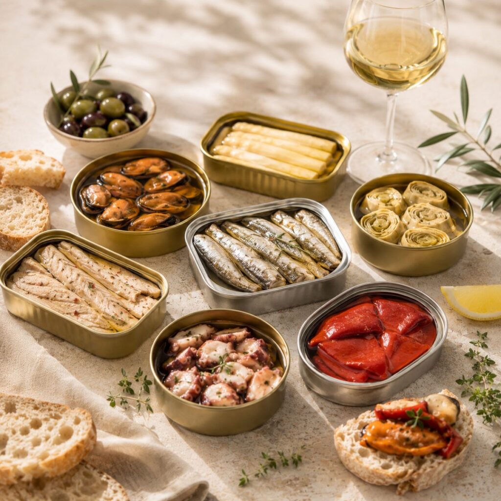 selección de conservas y aperitivos gourmet con vino blanco