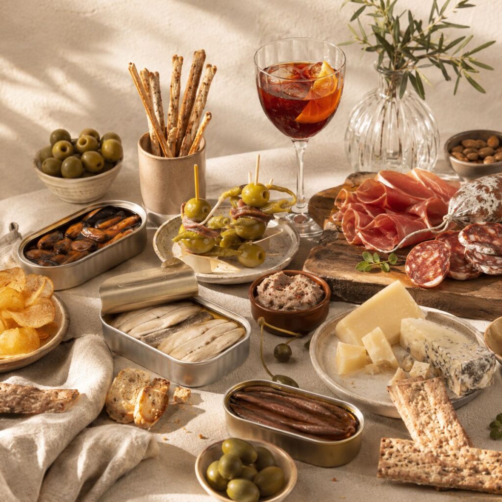 mesa de aperitivo gourmet con conservas, embutidos, quesos y vermut