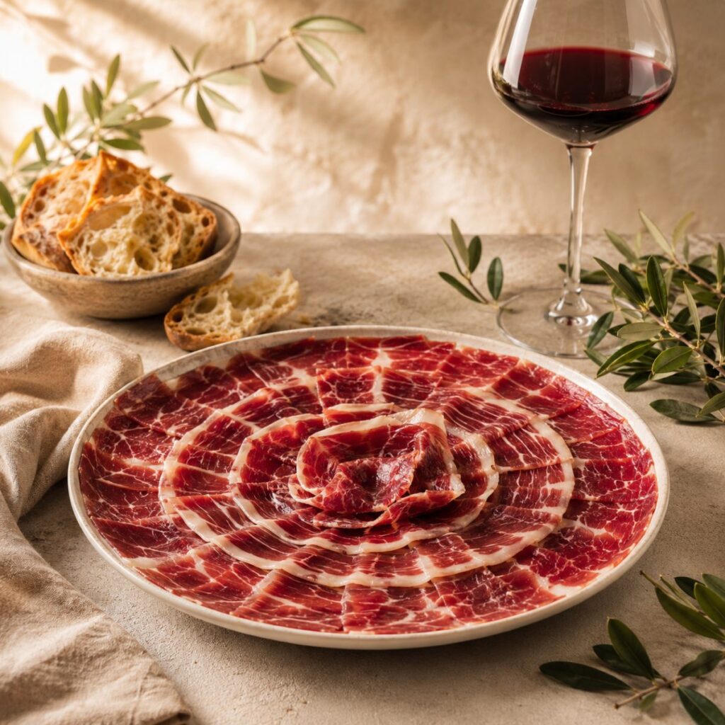 jamon y paleta iberica gourmet cortado a cuchillo con vino tinto