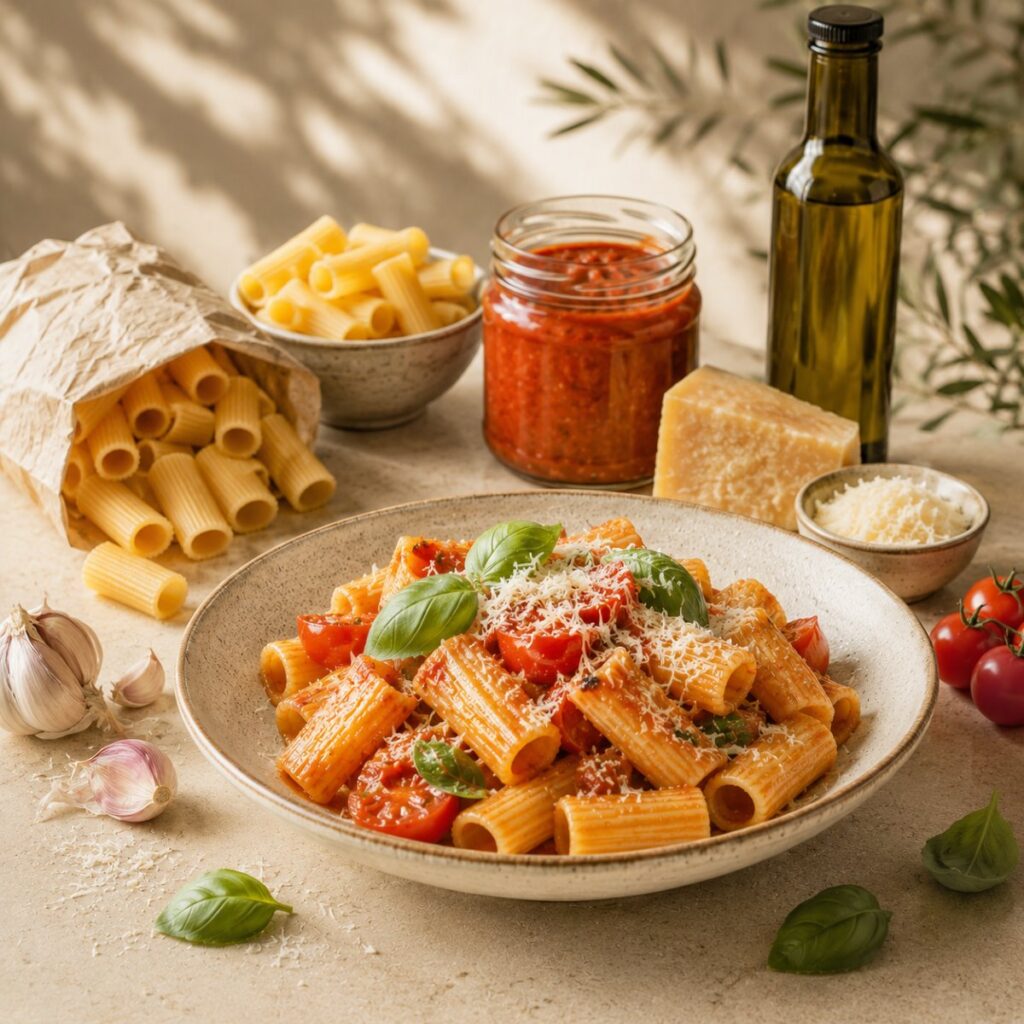 Pasta italiana gourmet con rigatoni, salsa de tomate, parmesano, albahaca y aceite de oliva