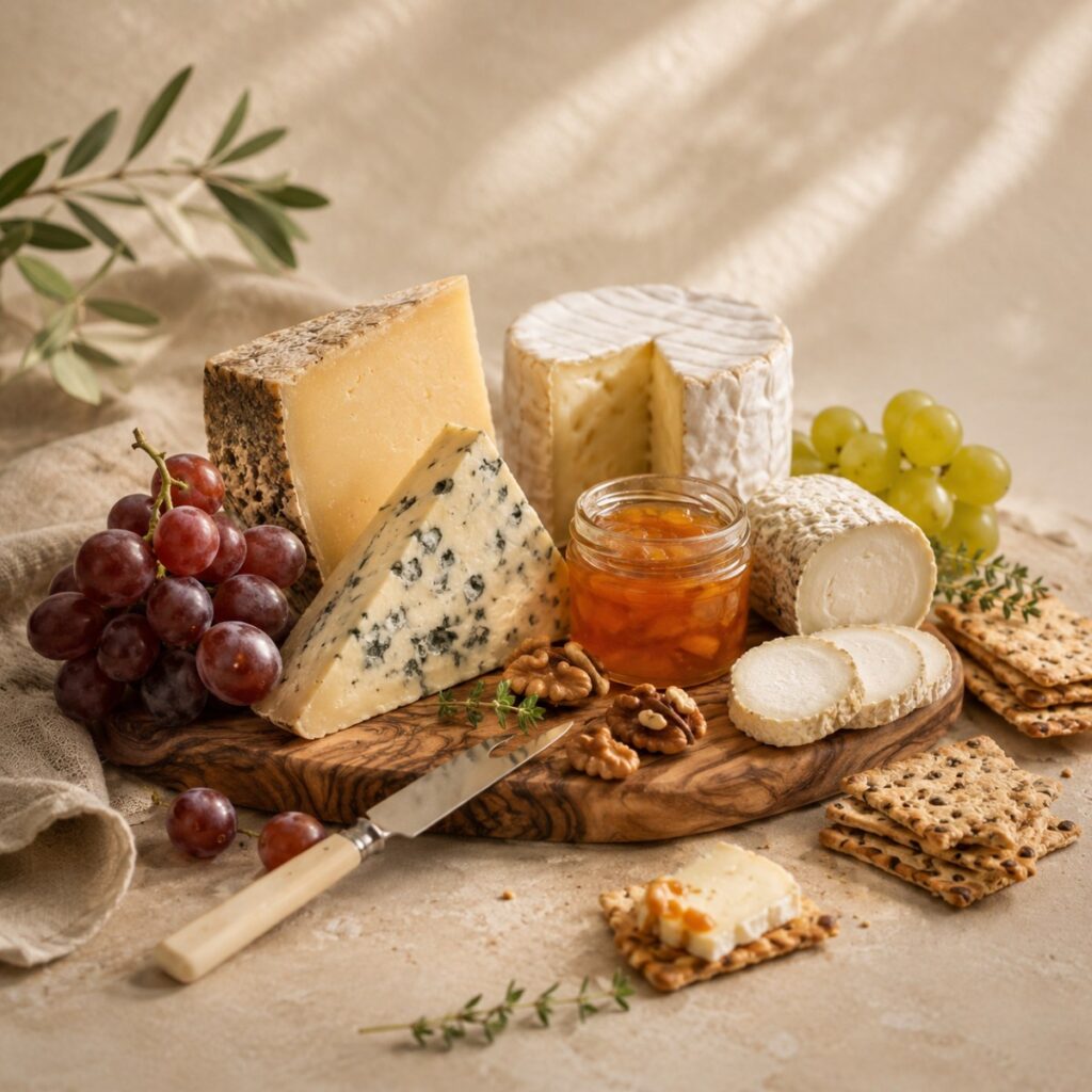 tabla de quesos gourmet artesanales con crackers y mermelada