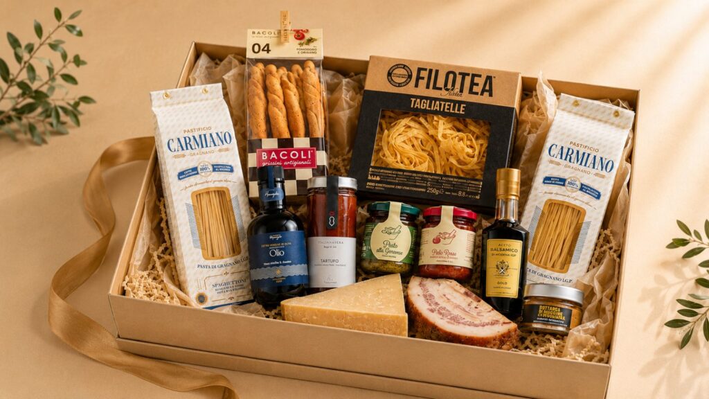 cesta regalo gourmet italiana premium con pasta aceite trufa y productos artesanales