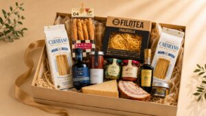 cesta regalo gourmet italiana premium con pasta aceite trufa y productos artesanales