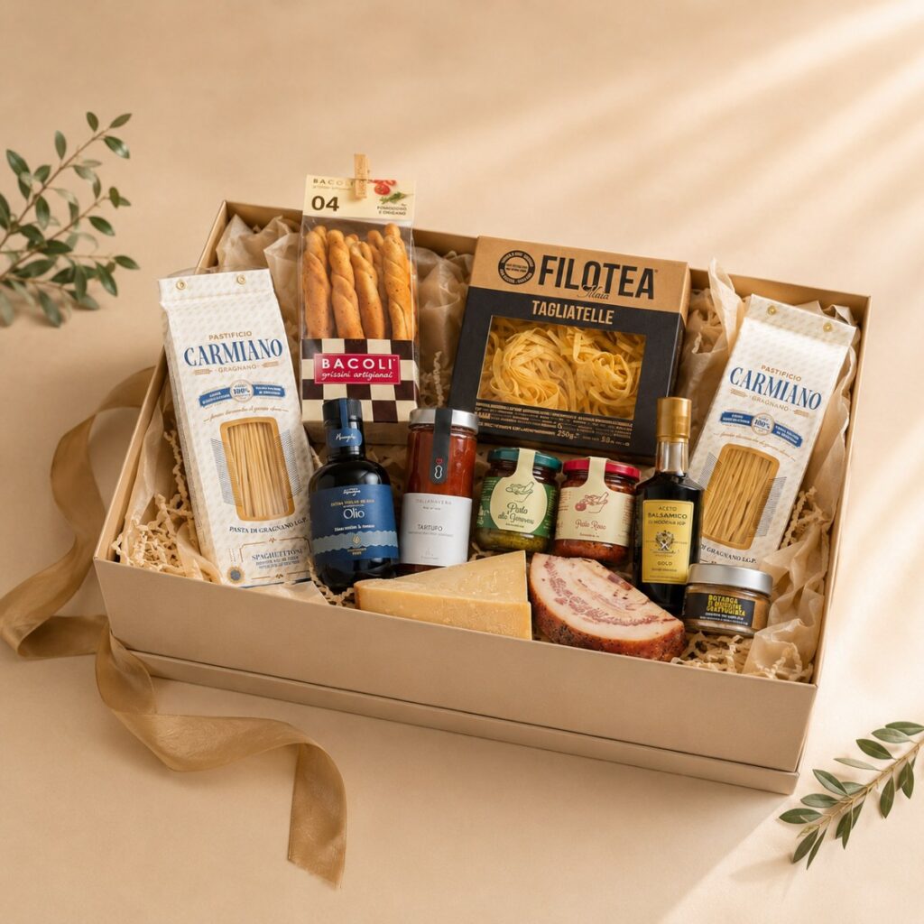 caja de regalo gourmet agapico con pasta italiana, aceite, salsas y conservas