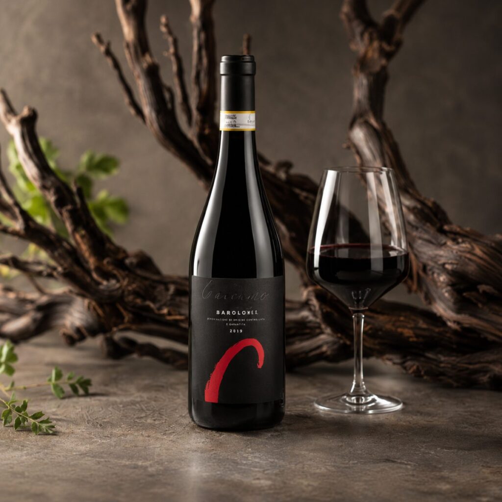 botella de vino tinto premium con copa sobre fondo elegante