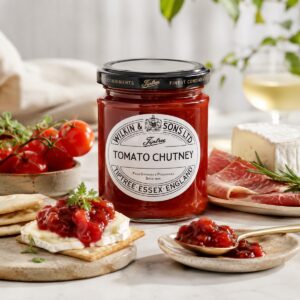 Chutney de tomate Tiptree Wilkin & Sons con queso, crackers, jamón y tomates