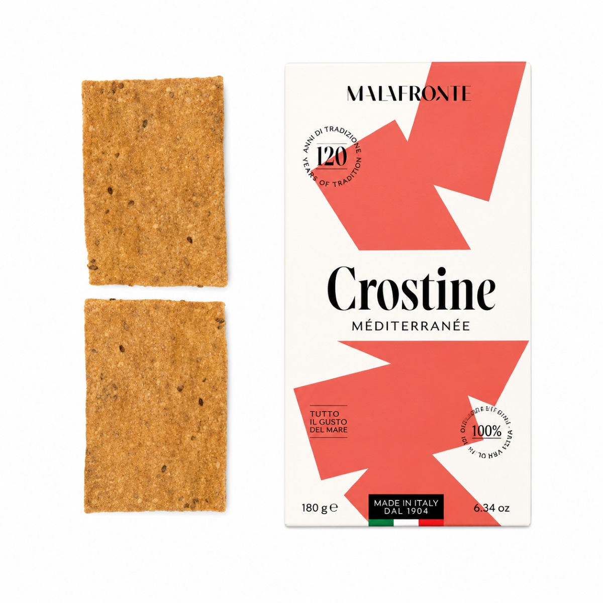 Crostine Mediterráneas Malafronte con Aceite de Oliva y Tomate Seco Crostine Mediterráneas Malafronte con aceite de oliva y tomate seco, crackers italianos crujientes en estuche con dos piezas visibles.
