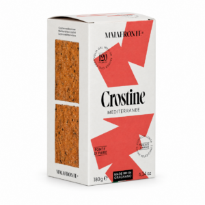 Crostine Mediterráneas con Aceite de Oliva y Tomate Seco Malafronte 180 g en caja vista lateral
