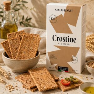Crostine con Cereales Malafronte servidas con aceite de oliva, cereales, semillas y tomate cherry