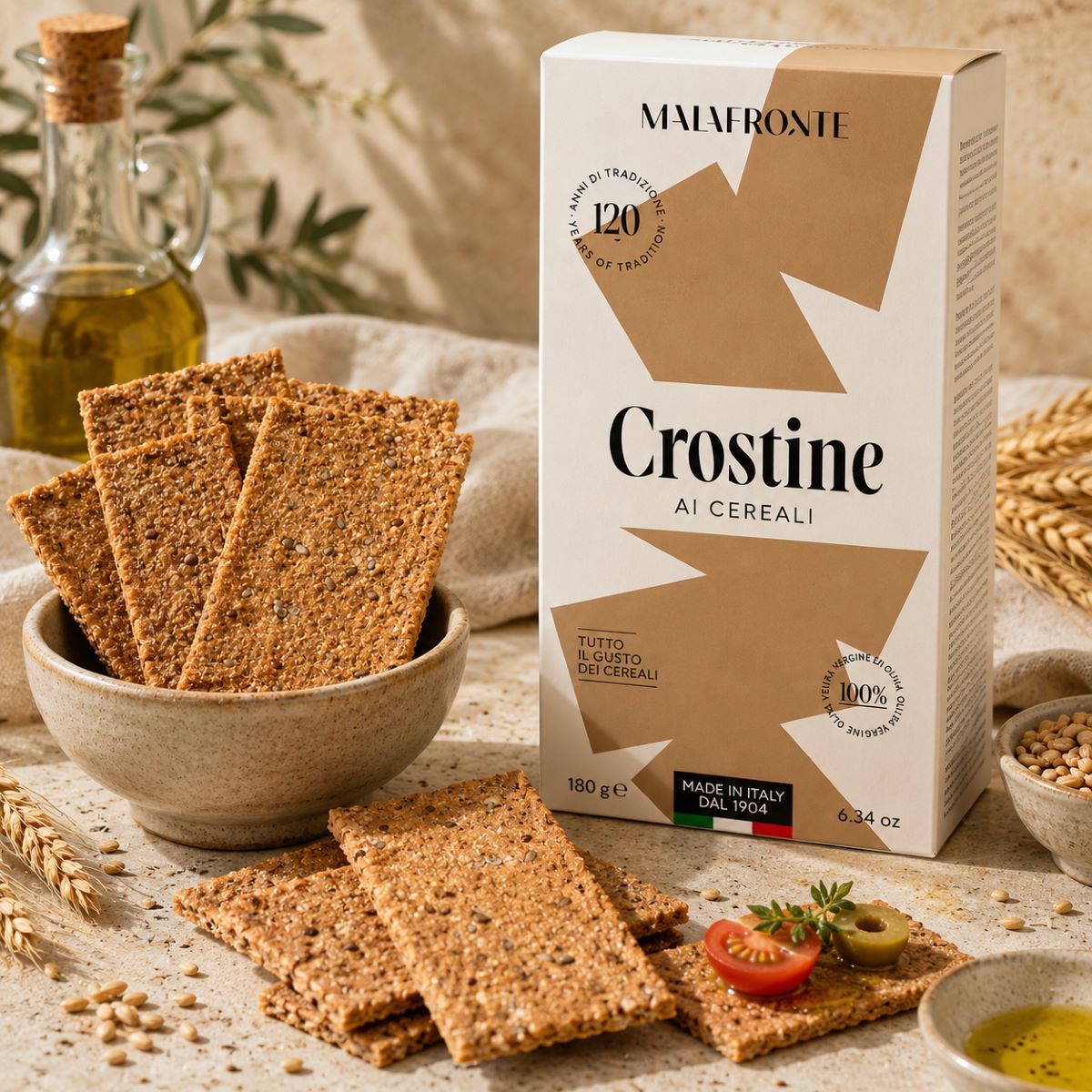 Crostine con Cereales Malafronte Servidas Crostine con Cereales Malafronte servidas con aceite de oliva, cereales, semillas y tomate cherry