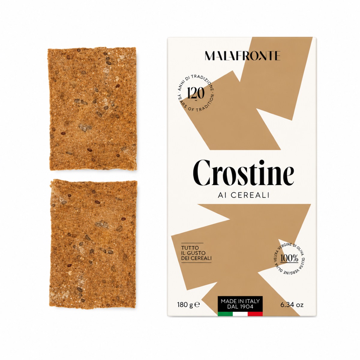 Crostine con Cereales Malafronte 180 g Crostine con Cereales Malafronte 180 g junto a crackers crujientes con semillas sobre fondo blanco