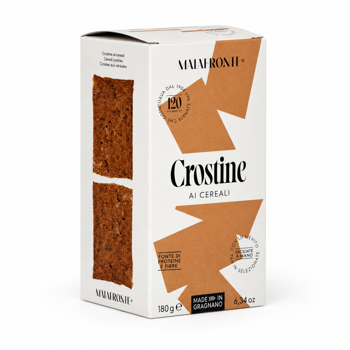 Crostine de Cereales Malafronte · 180 g · Vista Lateral Crostine de Cereales Malafronte 180 g en caja vista lateral con producto visible