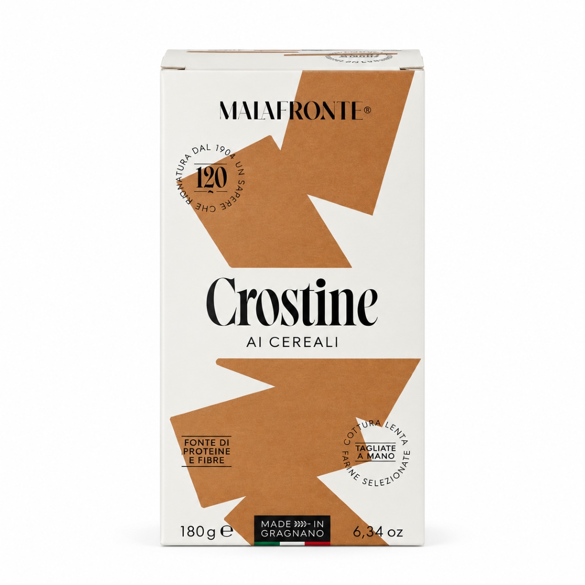 Crostine de Cereales Malafronte · 180 g Crostine de Cereales Malafronte 180 g en caja, fuente de proteínas y fibra