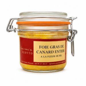 Foie Gras de Pato Entero a la Flor de Sal Épicerie Scotto en tarro de cristal con cierre metálico sobre fondo blanco
