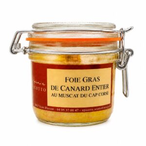 Foie Gras de Pato Entero al Muscat du Cap Corse Épicerie Scotto en tarro de cristal sobre fondo blanco