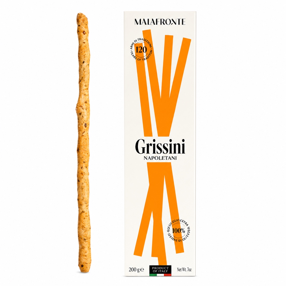Grissini Italianos Napolitanos con Pimienta Negra Malafronte 200 g Grissini Italianos Napolitanos con Pimienta Negra Malafronte 200 g junto a grissino sobre fondo blanco