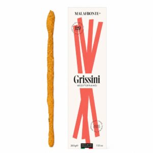 Grissini Mediterráneos Malafronte con aceite de oliva y tomate seco 200 g junto a grissino sobre fondo blanco