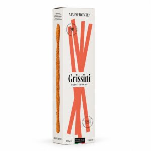 Grissini Mediterráneos estirados a mano Malafronte con aceite de oliva y tomate seco 200 g en caja vista lateral