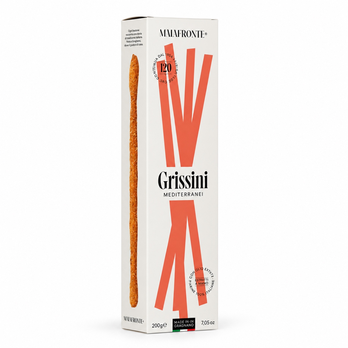 Grissini Mediterráneos Estirados a Mano Malafronte · 200 g · Vista Lateral Grissini Mediterráneos estirados a mano Malafronte con aceite de oliva y tomate seco 200 g en caja vista lateral