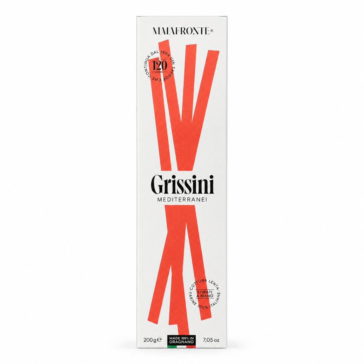 Grissini Mediterráneos Estirados a Mano Malafronte · 200 g Grissini Mediterráneos estirados a mano Malafronte con aceite de oliva y tomate seco 200 g