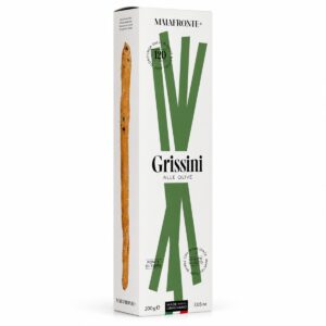 Grissini estirados a mano con aceitunas negras Malafronte 200 g en caja vista lateral