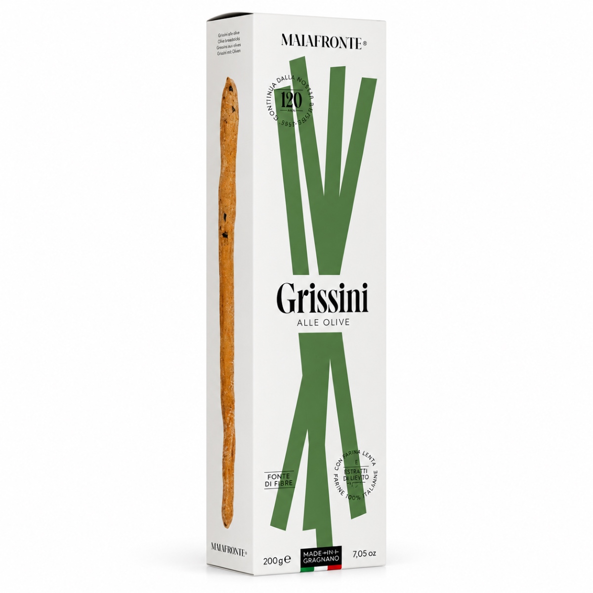Grissini Estirados a Mano con Aceitunas Negras Malafronte · 200 g · Vista Lateral Grissini estirados a mano con aceitunas negras Malafronte 200 g en caja vista lateral