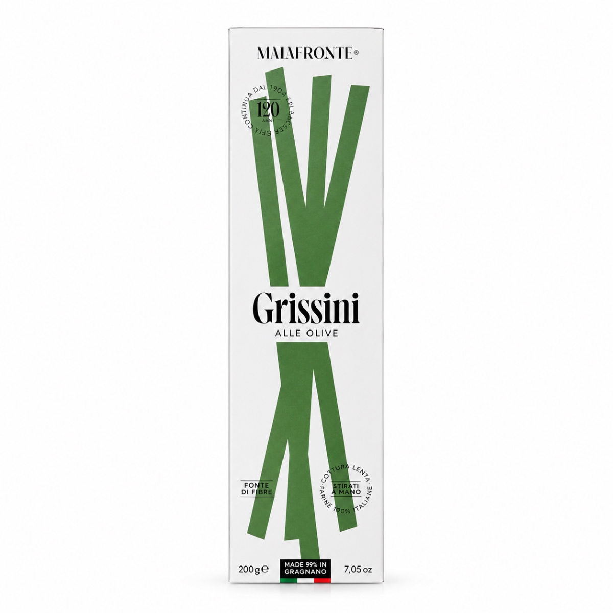 Grissini Estirados a Mano con Aceitunas Negras Malafronte · 200 g Grissini estirados a mano con aceitunas negras Malafronte 200 g en caja
