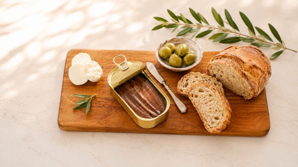 Anchoas de Santoña en conserva con pan, aceitunas y aperitivo gourmet