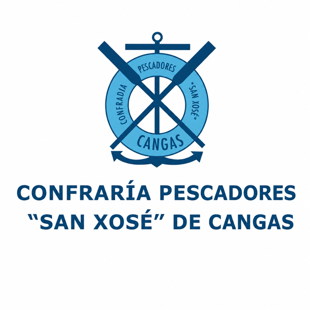 Logotipo Cofradía de Pescadores San Xosé de Cangas en azul con ancla, remos y emblema marinero