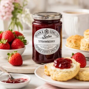 Mermelada de fresa Tiptree Wilkin & Sons con scones, fresas frescas y té