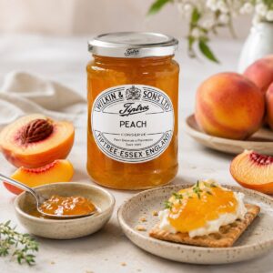 Mermelada de melocotón Tiptree Wilkin & Sons con fruta fresca, queso y crackers