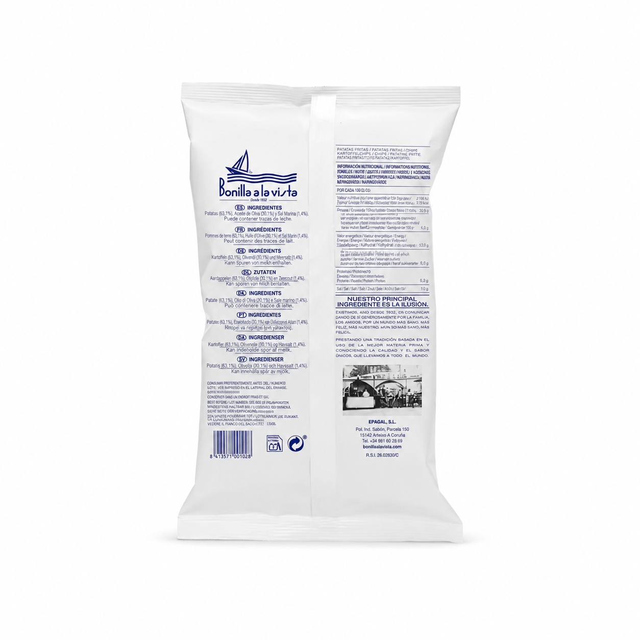 Patatas fritas Bonilla a la Vista 50g parte trasera Parte trasera de patatas fritas Bonilla a la Vista 50g con ingredientes e información nutricional
