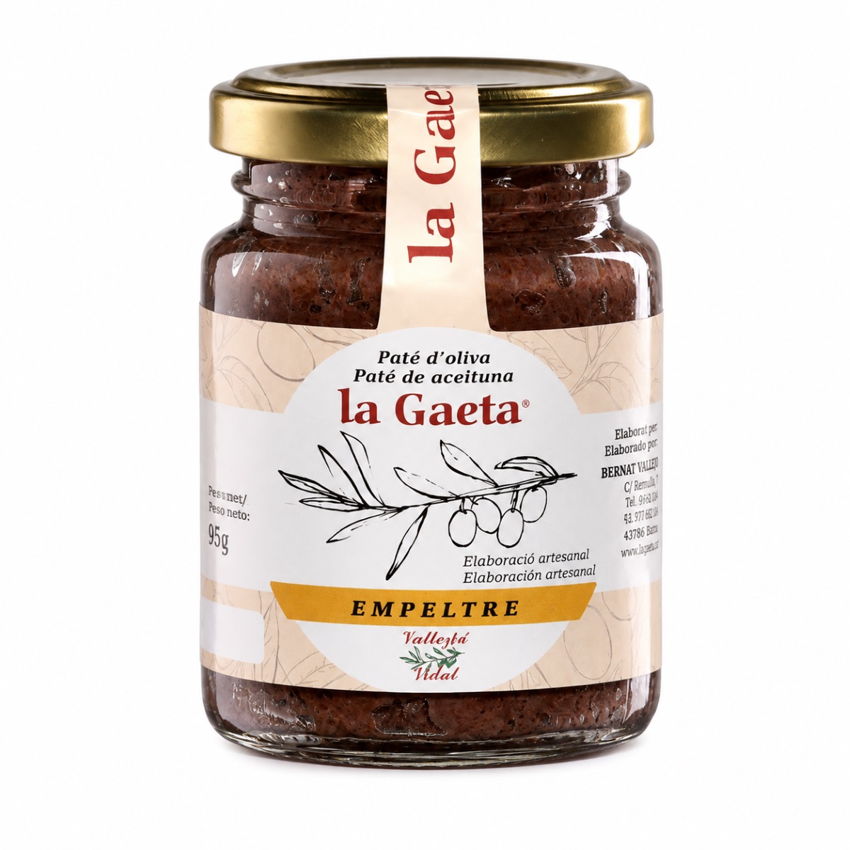Paté de Aceituna Negra Empeltre La Gaeta Paté de Aceituna Negra Empeltre La Gaeta en tarro de cristal sobre fondo blanco