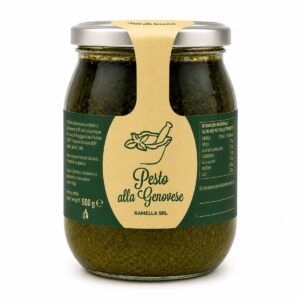 Pesto Genovese Ramella 500 g en tarro de cristal sobre fondo blanco