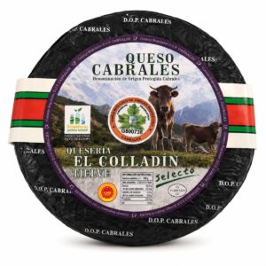 Queso Cabrales DOP El Colladín selecto en pieza entera con etiqueta original sobre fondo blanco