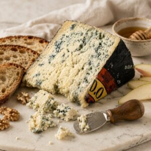 Queso Cabrales DOP El Colladín servido con pan, miel, nueces y pera