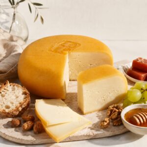 Queso Mahón-Menorca DOP Semicurado Subaida servido con pan, membrillo, uvas, nueces y miel