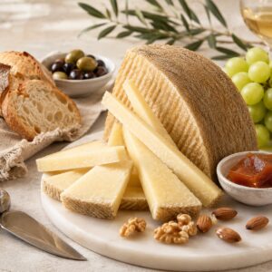 Queso Manchego Semicurado D.O.P. Las Terceras servido en cuñas con pan, aceitunas, uvas y membrillo