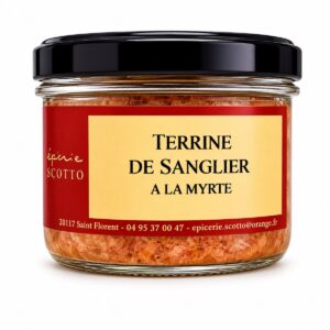 Terrina Francesa de Jabalí al Mirto Épicerie Scotto en tarro de cristal sobre fondo blanco