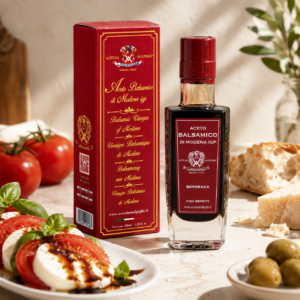 Vinagre balsámico de Módena IGP Acetaia Malpighi con ensalada caprese, parmesano y pan