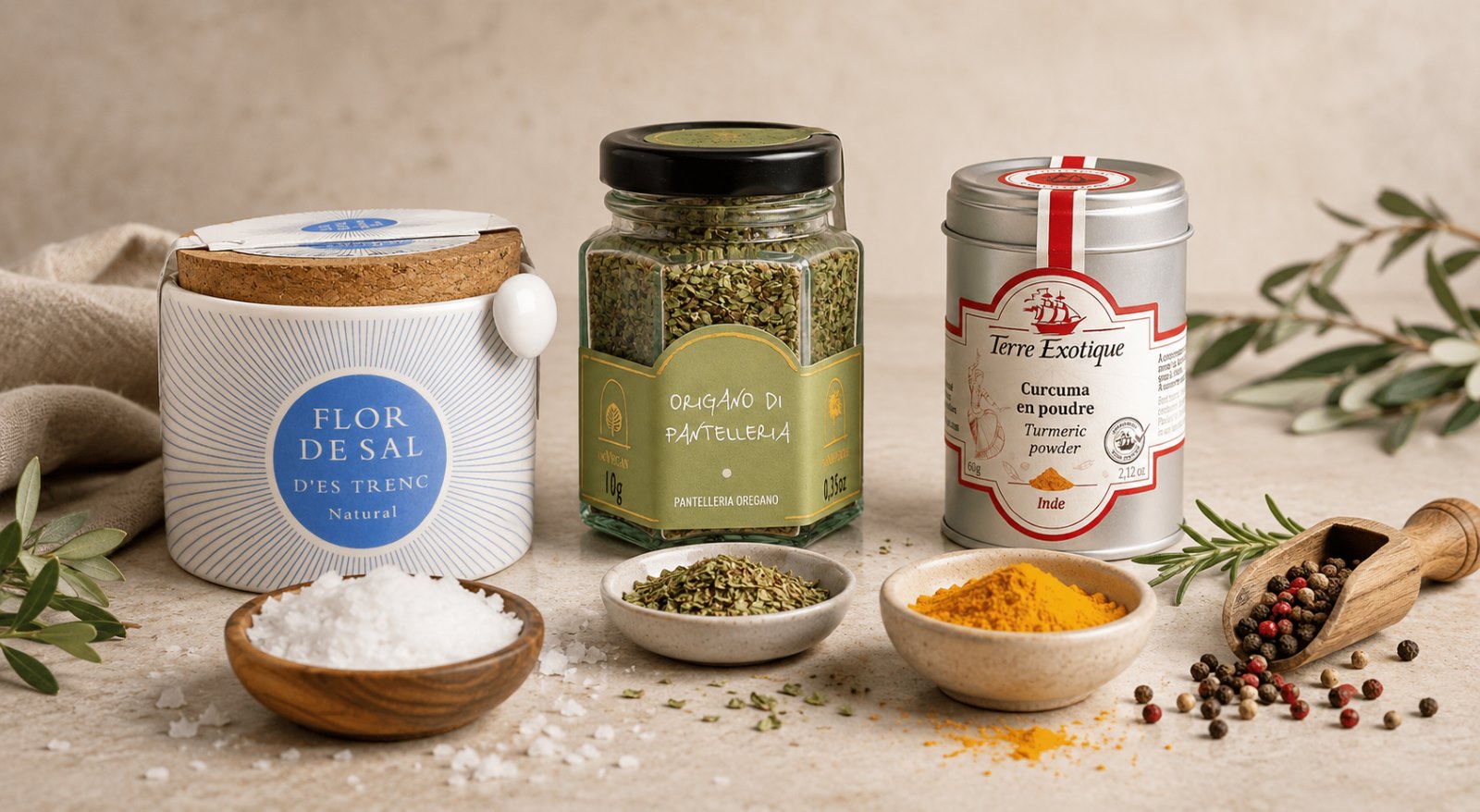 Sales y especias gourmet para terminar platos, realzar conservas, carnes, quesos y verduras