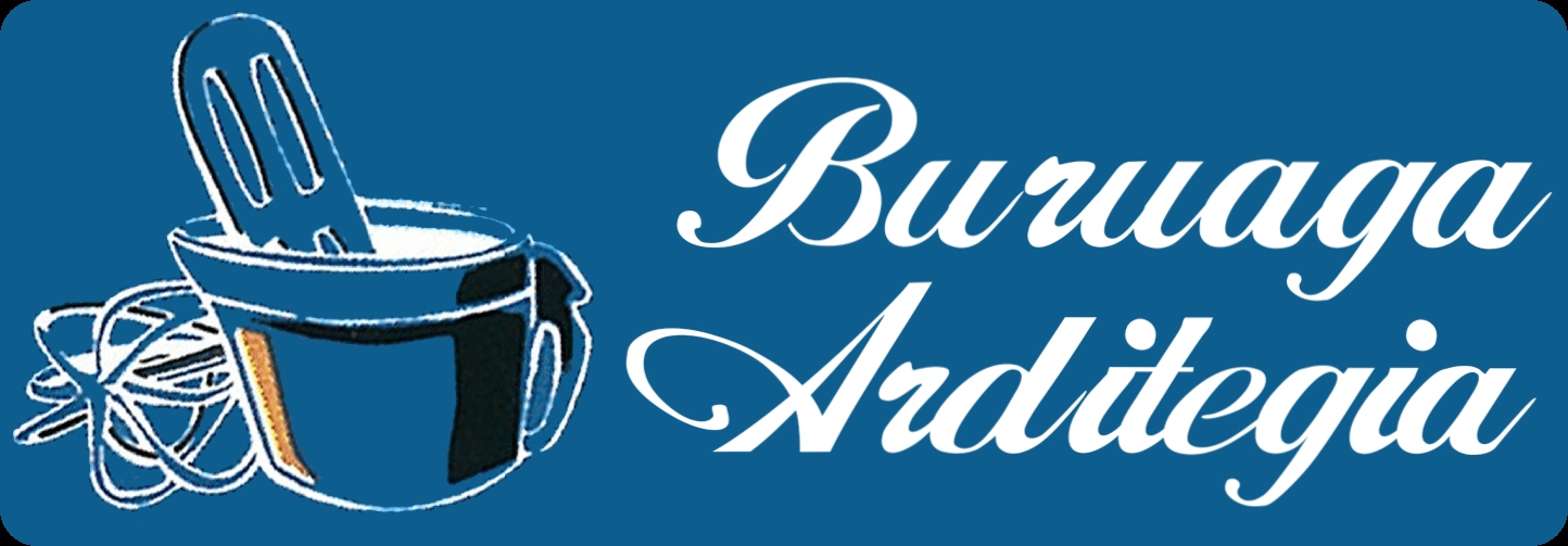 Logotipo Buruaga Arditegia en blanco sobre fondo azul con utensilios de cocina