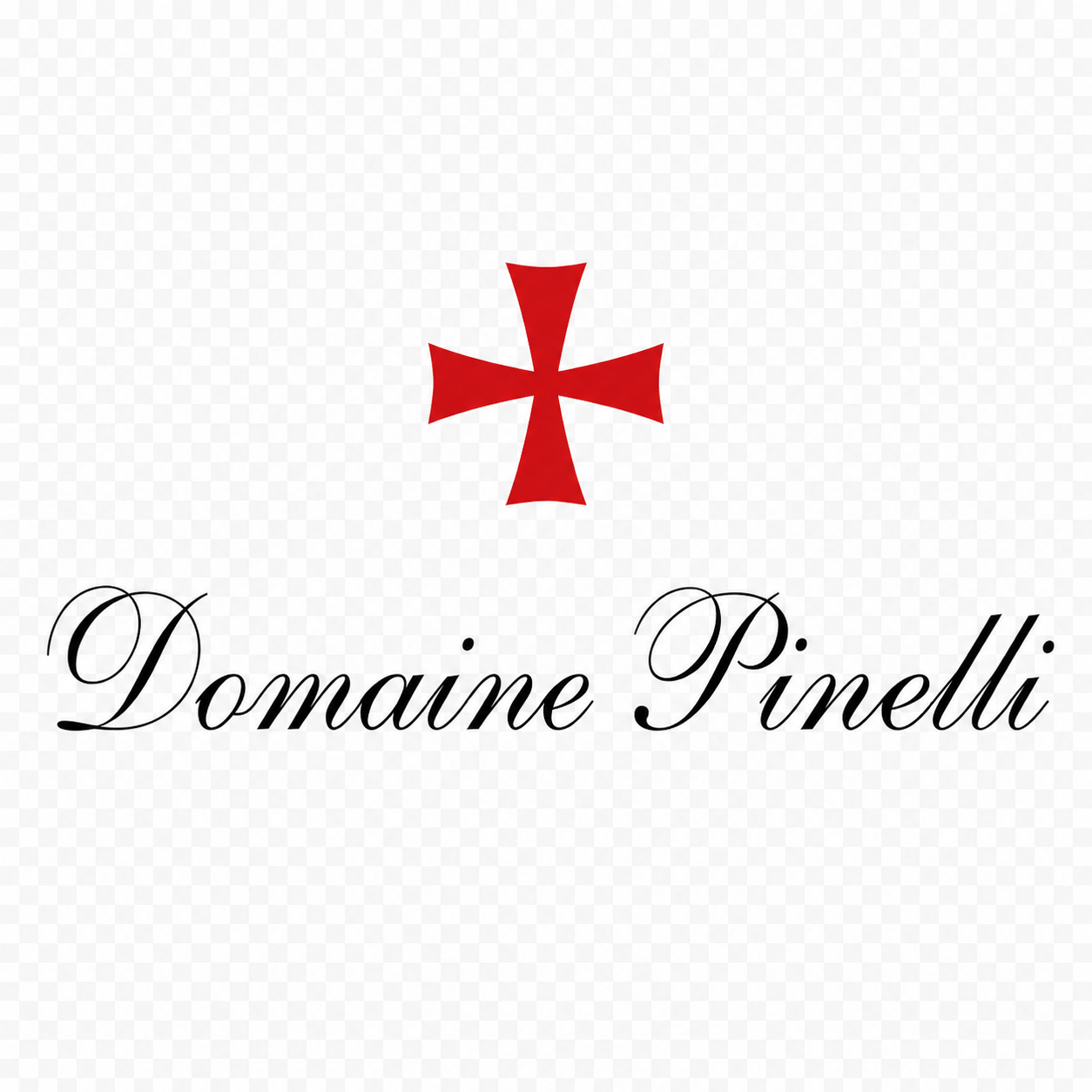 Logotipo Domaine Pinelli con cruz roja y texto caligráfico negro sobre fondo transparente