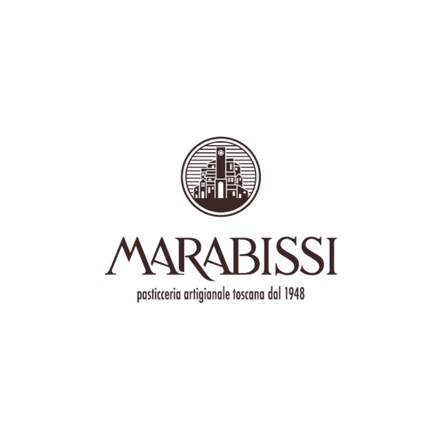 Logotipo Marabissi con emblema circular y texto de pasticceria artigianale toscana dal 1948 sobre fondo blanco