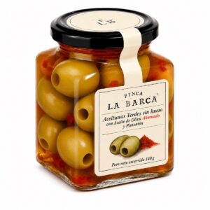 Aceitunas verdes Gordal sin hueso con aceite de oliva ahumado y pimentón Finca La Barca 140 g