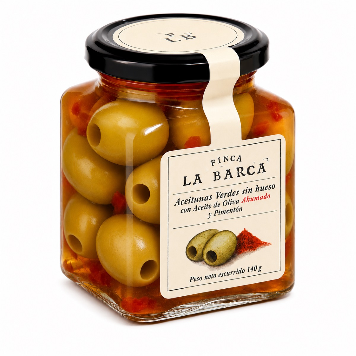 Aceitunas Gordal con Pimentón Finca La Barca · 140 g Aceitunas verdes Gordal sin hueso con aceite de oliva ahumado y pimentón Finca La Barca 140 g